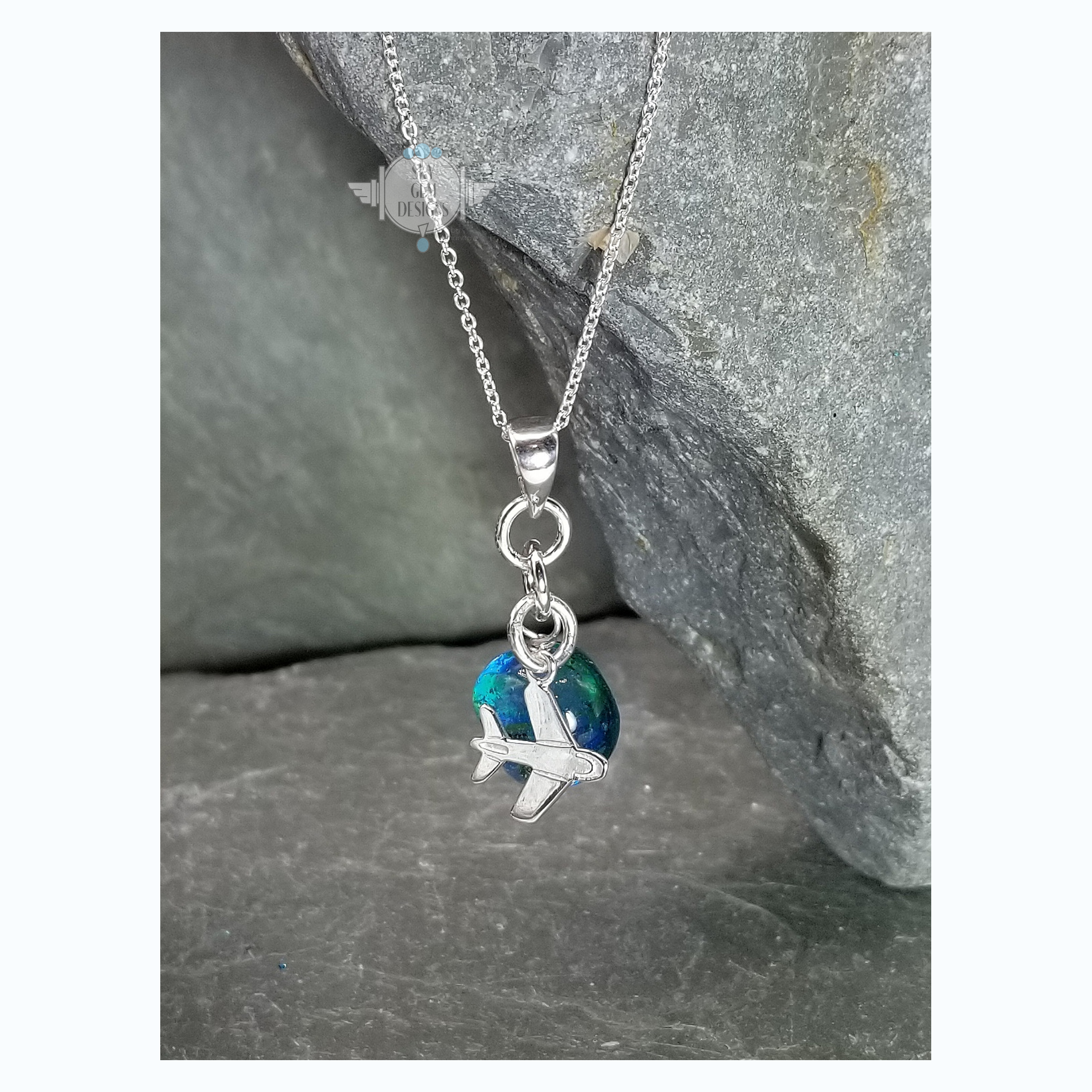 MURANO GLASS TEAL WITH AIRPLANE CHARM NECKLACE