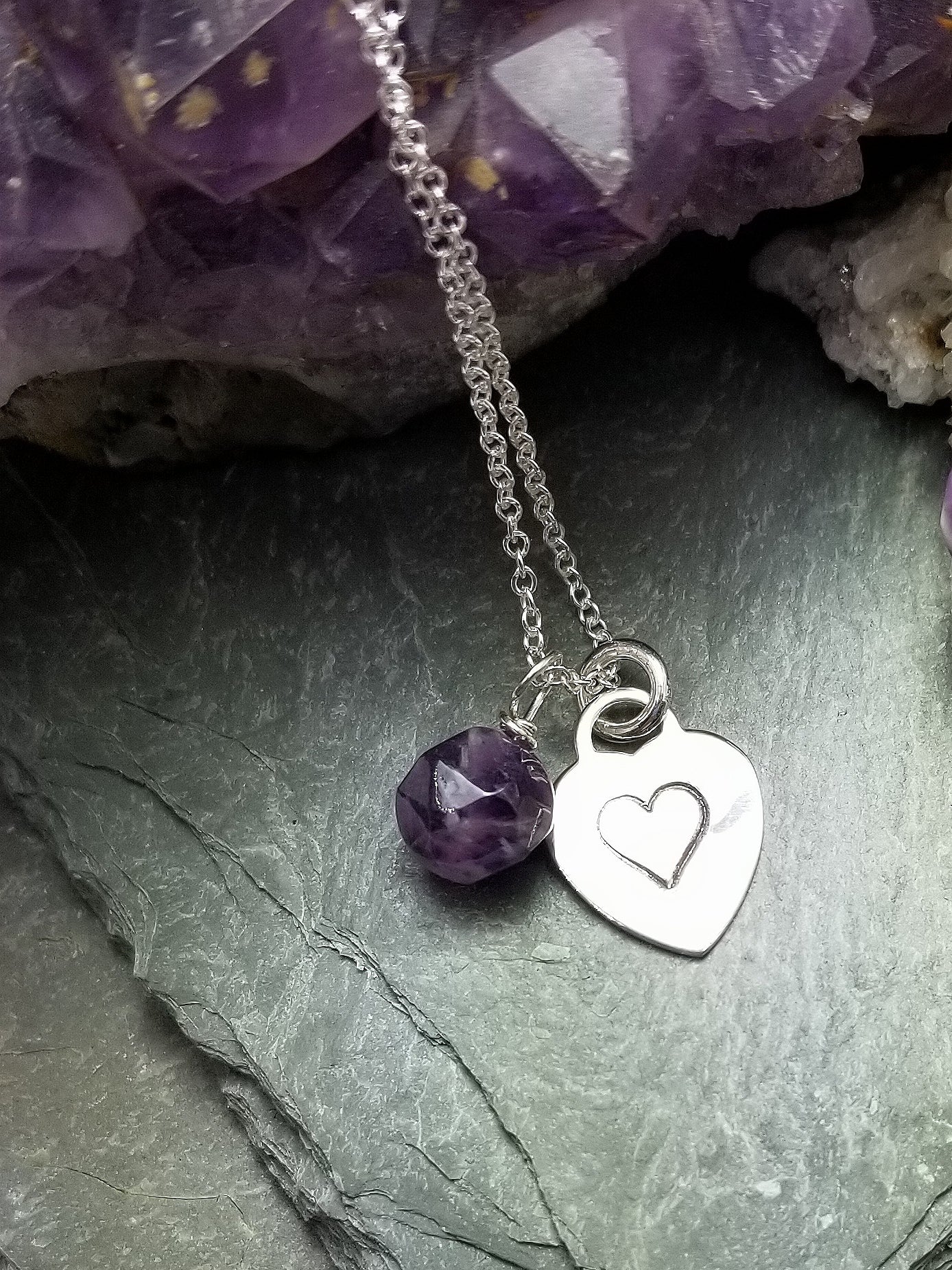 LOVE LETTERS HEART CHARM, HEART-STAMPED NECKLACE WITH AMETHYST