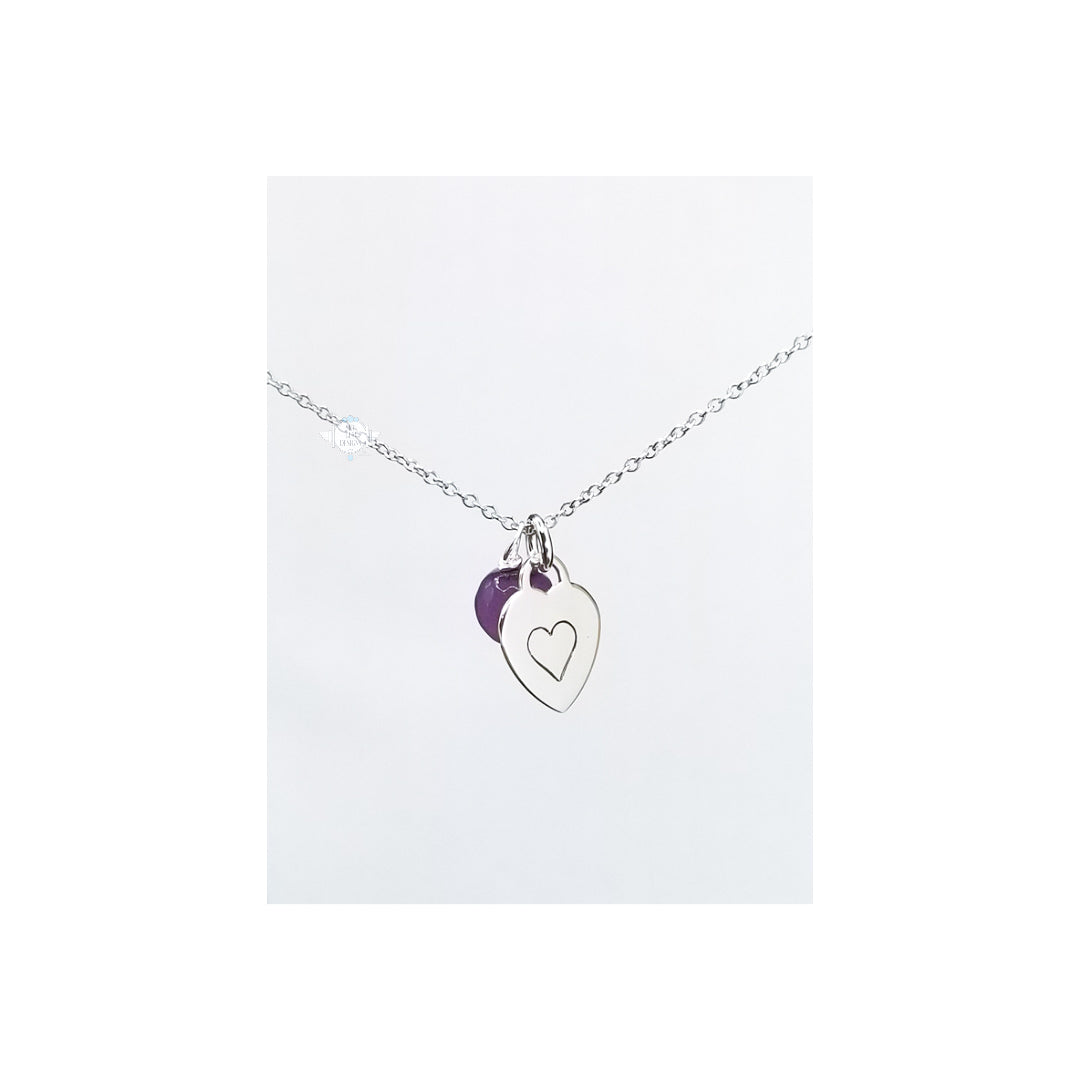 LOVE LETTERS HEART CHARM, HEART-STAMPED NECKLACE WITH AMETHYST
