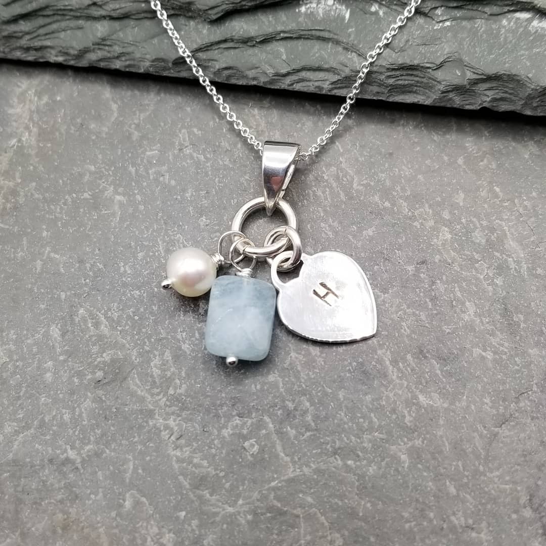 CUSTOM LOVE LETTERS HEART CHARM NECKLACE WITH FRESHWATER PEARL & AQUAMARINE