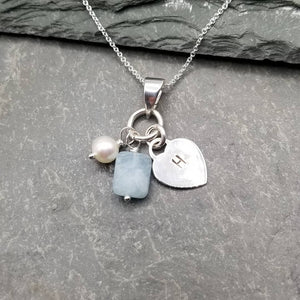 CUSTOM LOVE LETTERS HEART CHARM NECKLACE WITH FRESHWATER PEARL & AQUAMARINE